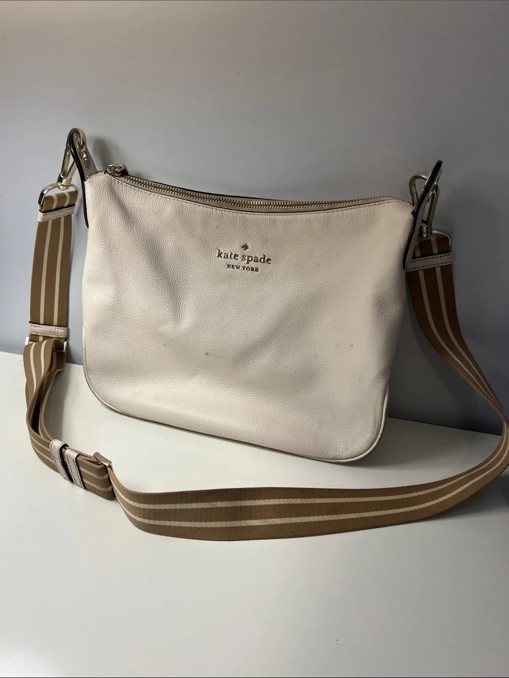 kate spade Cream Leather Crossbody with Striped Tan Strap